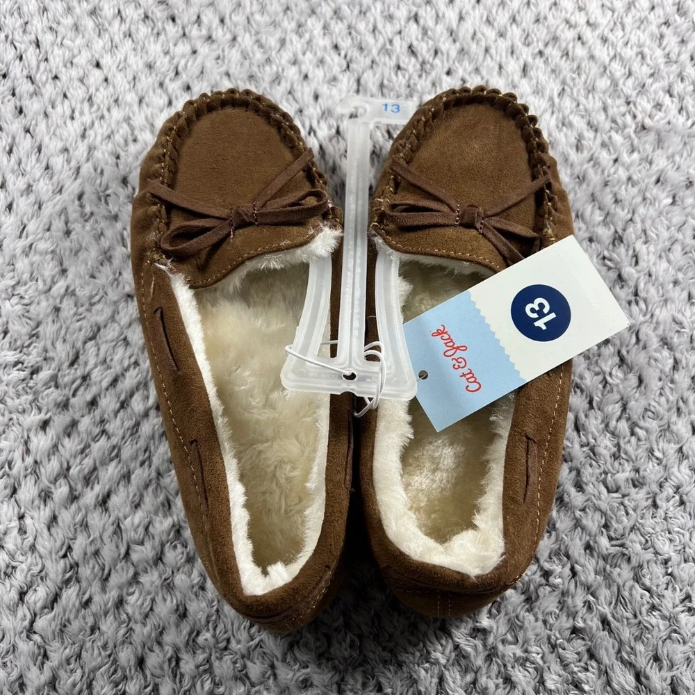 Cat Jack Toddler Girls Brown Moccasin Slippers‎ Fuzzy Lined Bow Size 13 NWT